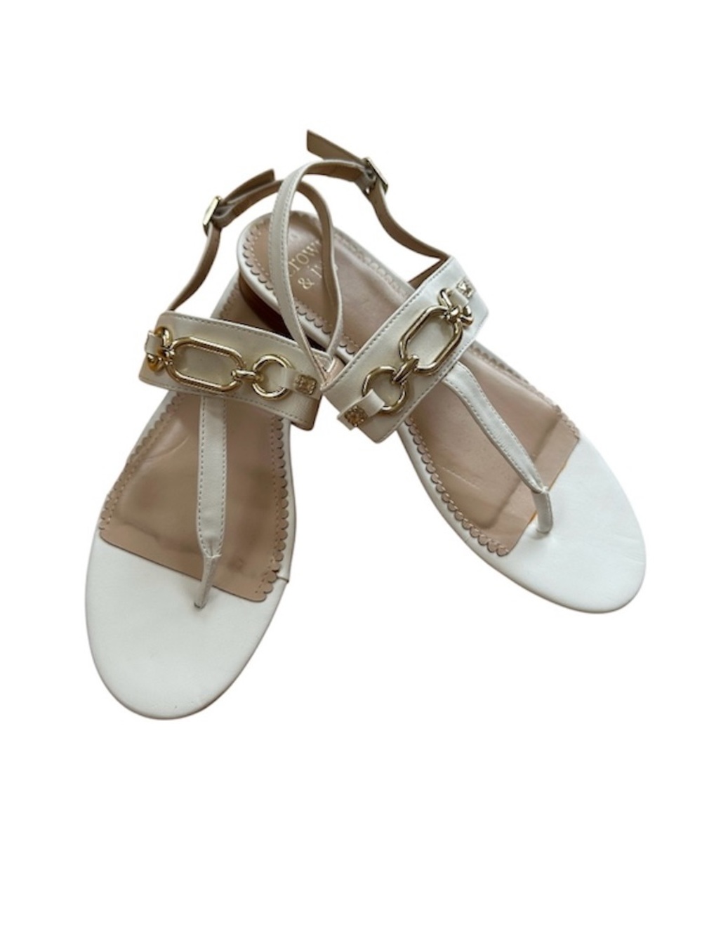 Crown & Ivy White T-Strap Sandals with Gold Chain Accent